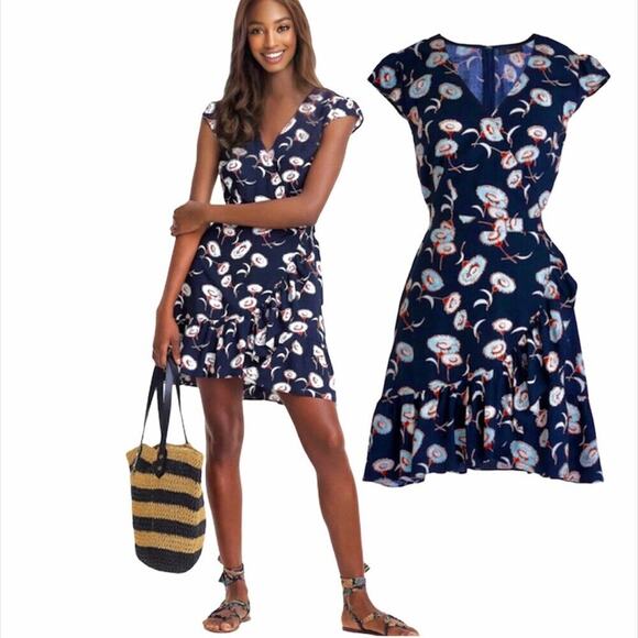 J Crew Mercantile Navy an Rust Faux Wrap Tiered Ruffle Mini Dress Floral Size 00 - Picture 1 of 11